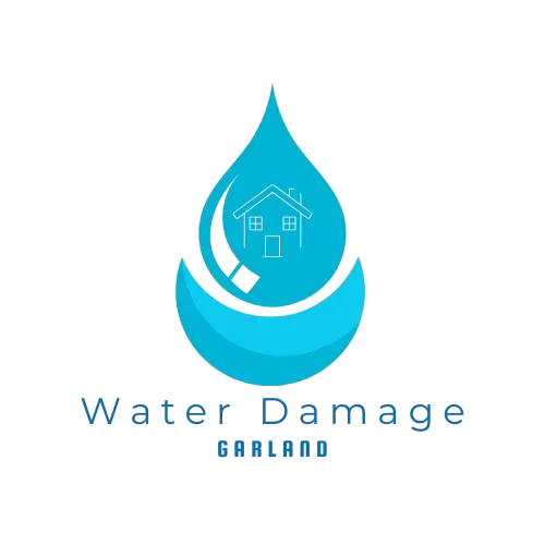 Water damage company logo showing a blue water drop with a house icon for Garland