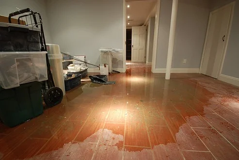 Water damage in home living room caused by plumbing emergency
