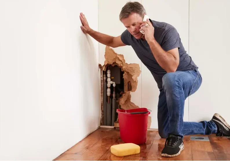 Plumber fixing clogged drain pipe with water overflow inside home