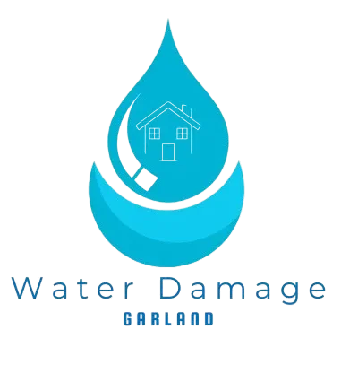 Water damage company logo showing a blue water drop with a house icon for Garland