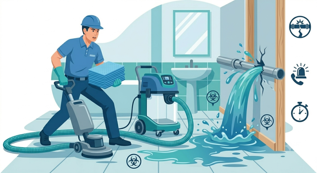 Emergency burst pipe water damage cleanup service preventing further property damage.