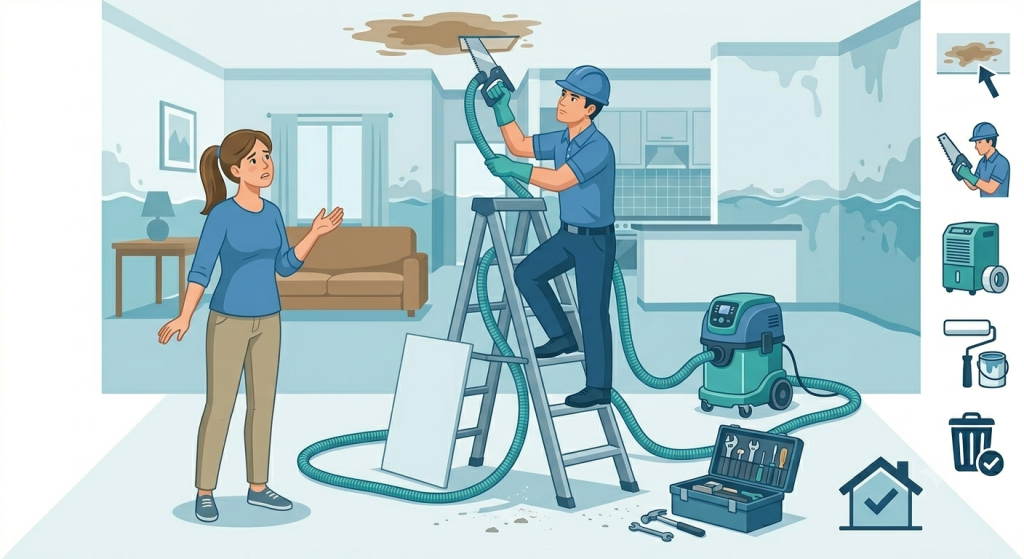 Ceiling water damage repair service fixing water stains and moisture-related damage.