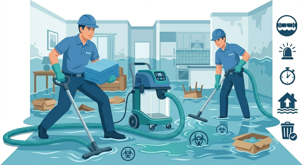 Flood damage cleanup professionals removing water and restoring a flooded home.