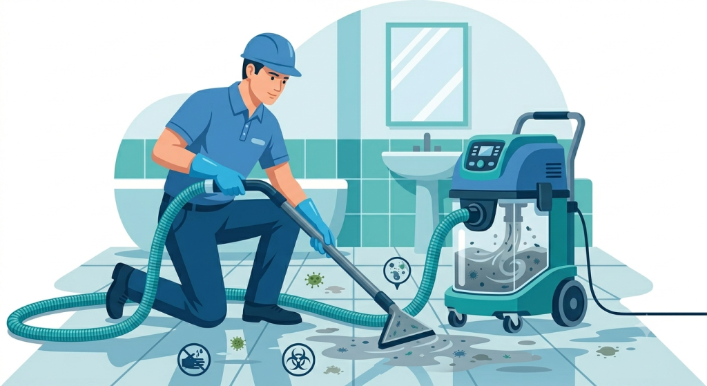 Technician performing sewage backup cleanup and sanitization in a residential property.