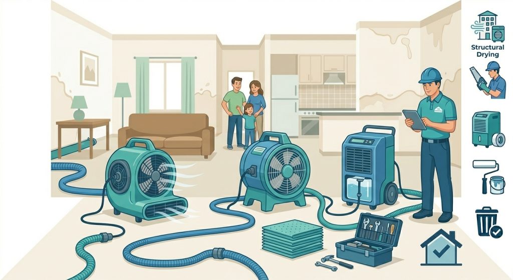Structural drying service using air movers and dehumidifiers after water damage.