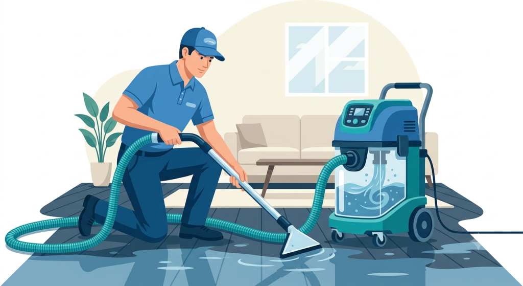 Professional water extraction service removing standing water from a home after water damage.