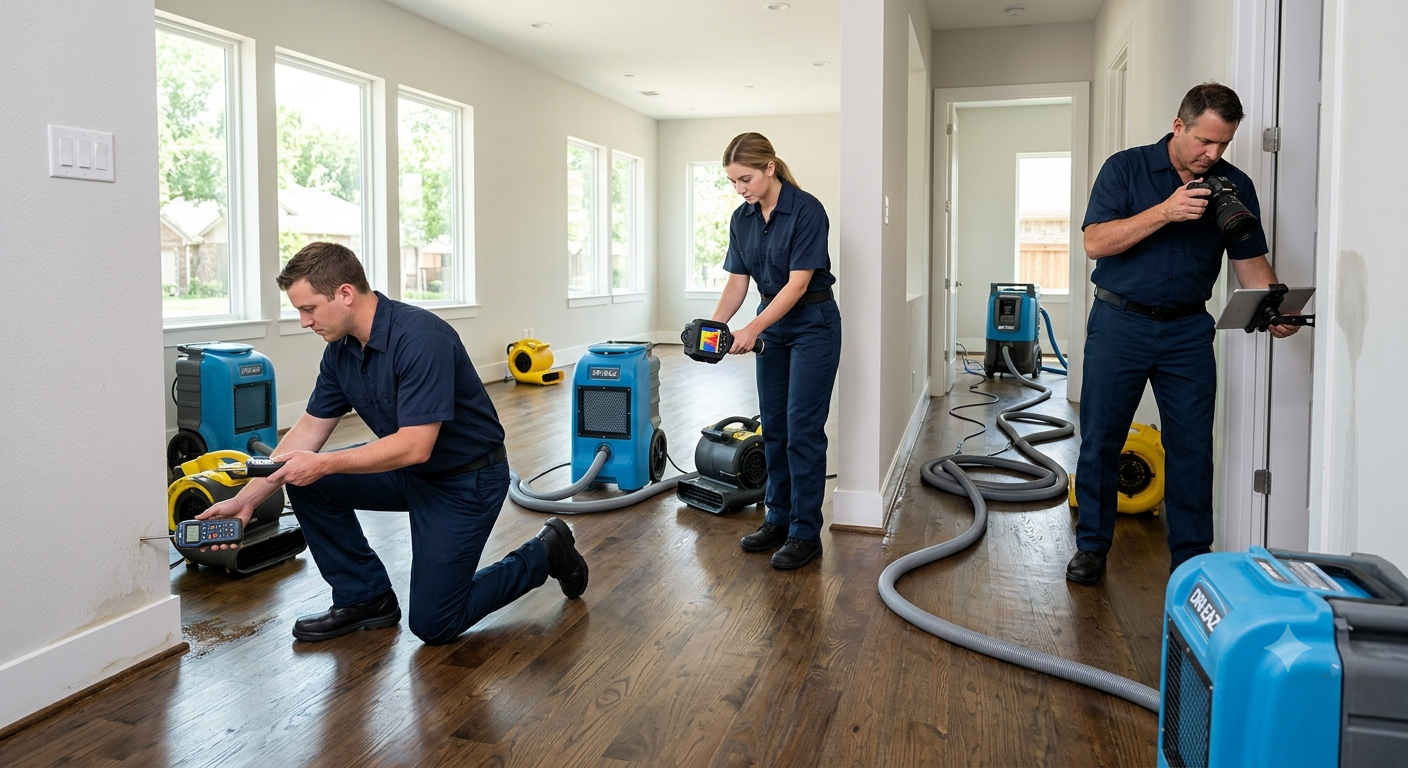 Professional burst pipe water damage restoration in Garland TX with moisture mapping, structural drying, and insurance documentation.