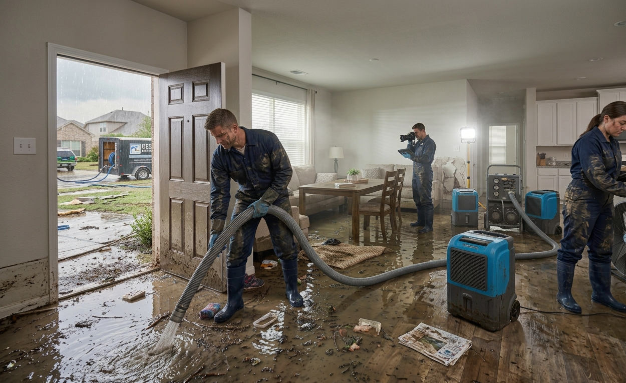 Professional flood damage restoration in Garland TX assessing and extracting water from a flooded first floor of a residential home.