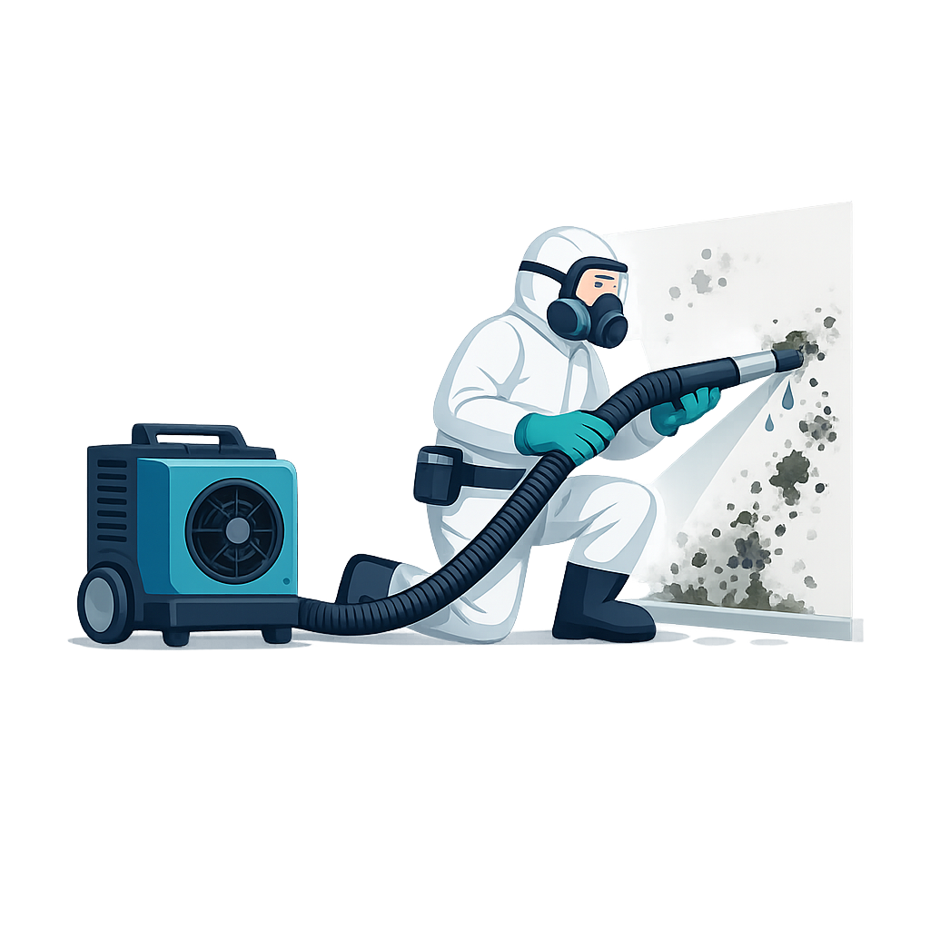 Mold remediation technician removing mold from a wall during water damage restoration.