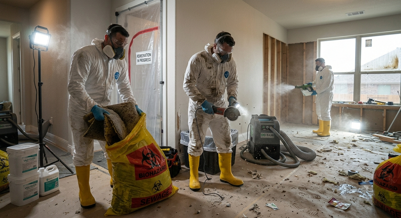Professional sewage backup cleanup in Garland TX with contaminated carpet and drywall removal followed by disinfection and safe remediation.