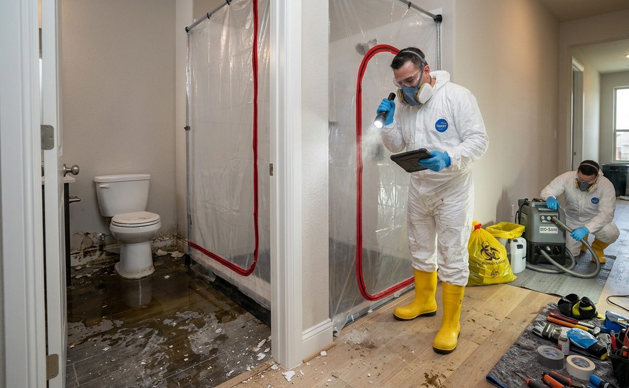 Professional sewage backup cleanup in Garland TX with certified technicians using protective equipment and containment barriers before remediation.