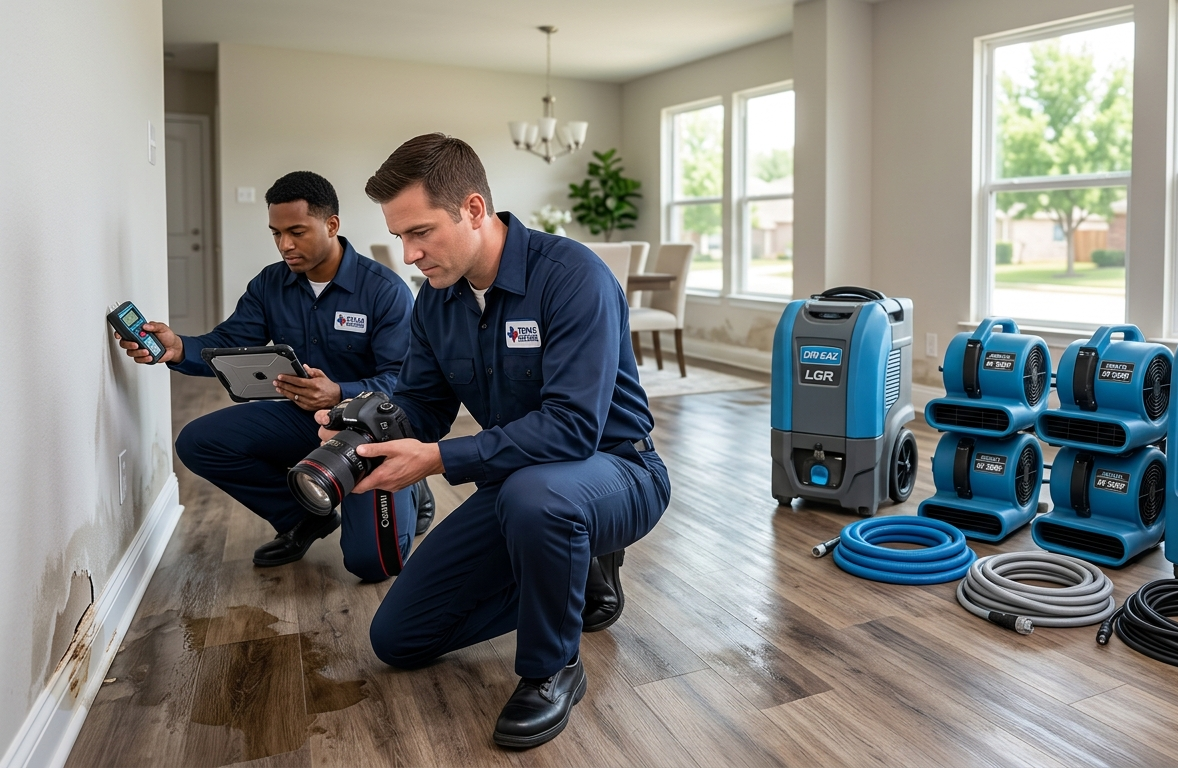Water damage assessment and insurance documentation by professional restoration technicians in Garland TX before emergency water extraction.