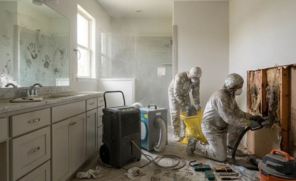 Men are working in Garland Bathroom for Mold removal