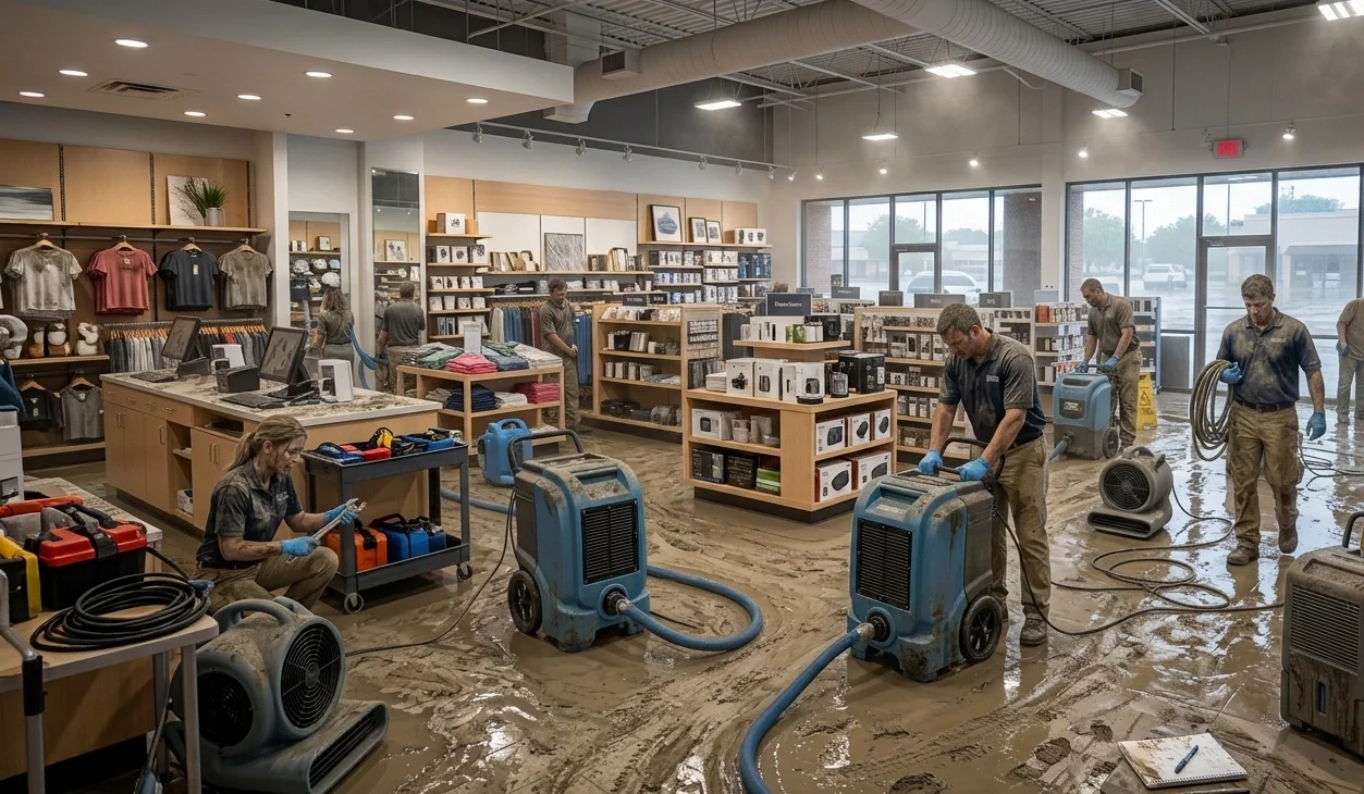 Men are working in garland store to restore Storm Flood Cleanup