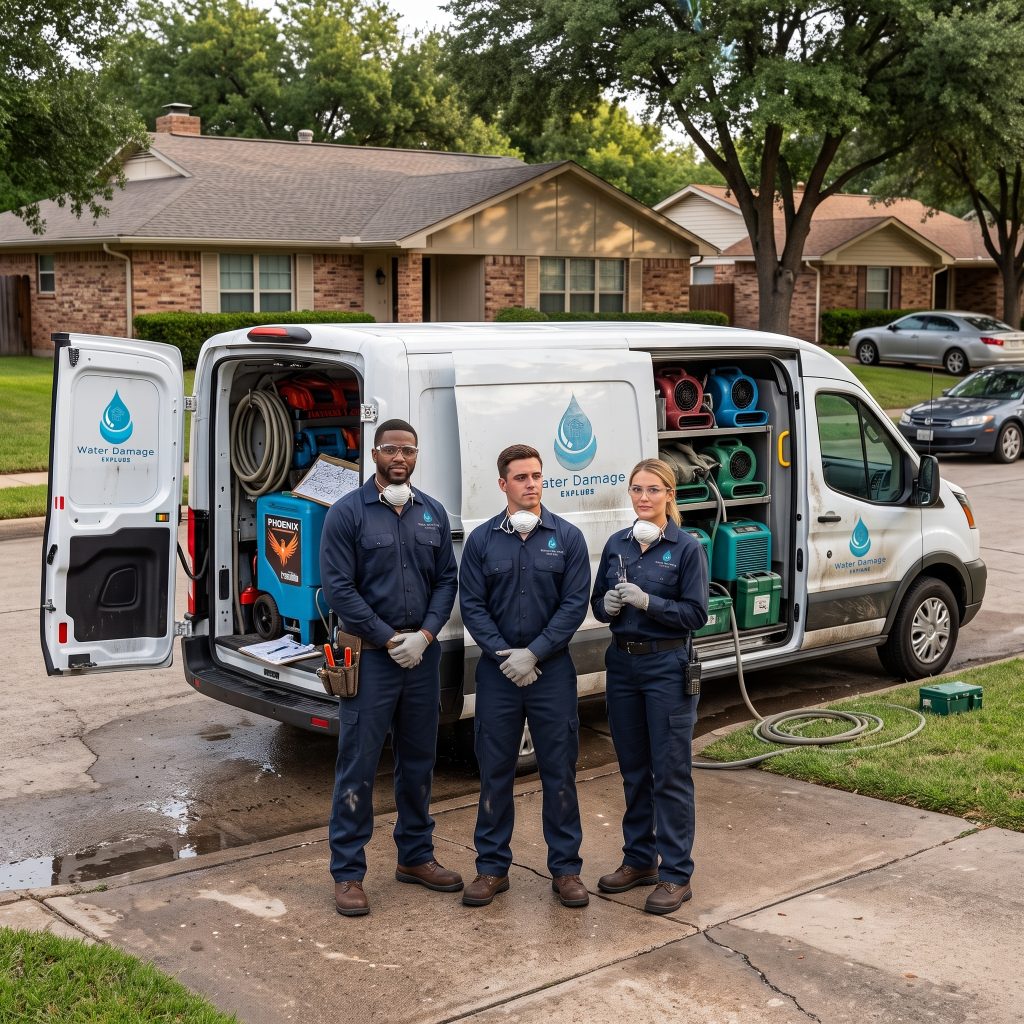 There Persons are standing in front of Water Damage Van in Garland, tx